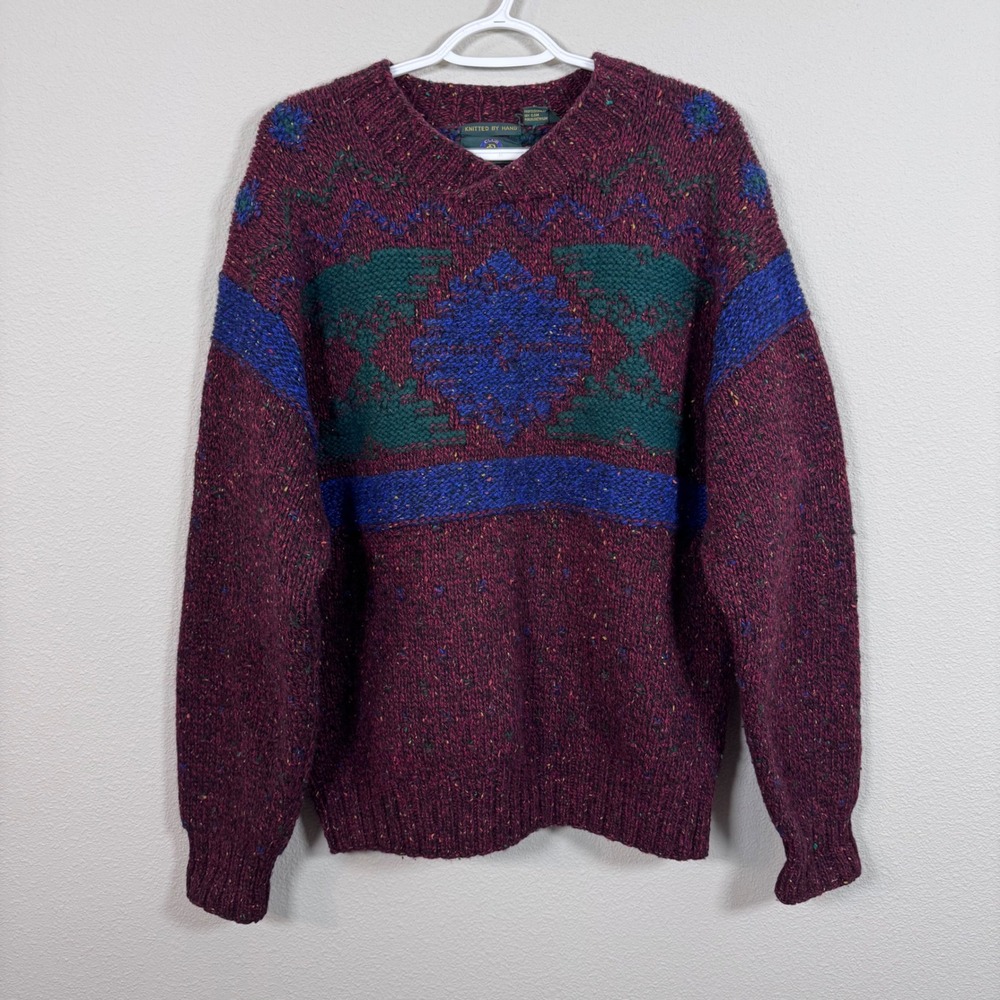 Vintage Hand Knit Wool Club Room Sweater Eclectic Grandpa Geometric Print Size M